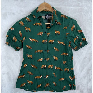 Hell Bunny Vixey Fox Blouse Forest Green Woodland Button Up Women's XS Twee
